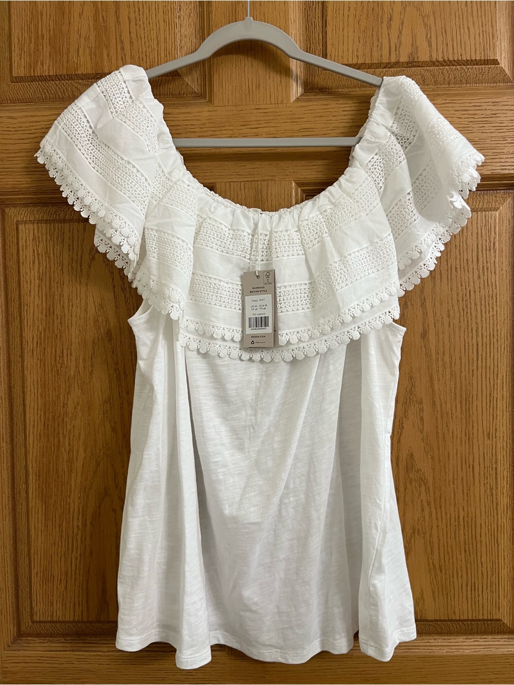 NWT BODEN Bardot Crochet Ruffle Neck Off Shoulder White Blouse Sz 16/18